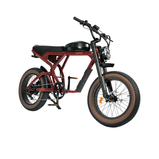 Red eBike Revi Cougar electric bicycle side view with black accents and thick tires