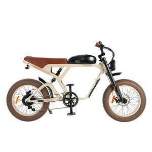 A sand-colored eBike Revi Cougar electric bicycle shown from the side, highlighting its frame, wheels, and battery.