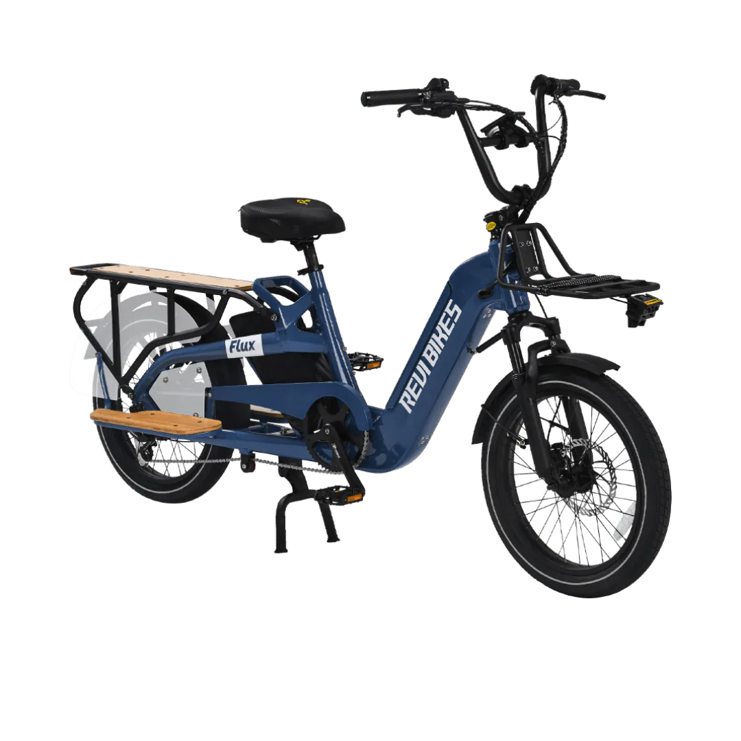 A REVI Flux 750w Step Thru eBike with 20x2.4 inch fat tires, shown as a compact electric cargo bike in a product image.