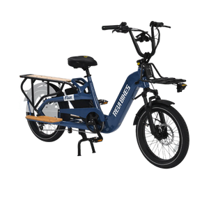 A REVI Flux 750w Step Thru eBike with 20x2.4 inch fat tires, shown as a compact electric cargo bike in a product image.