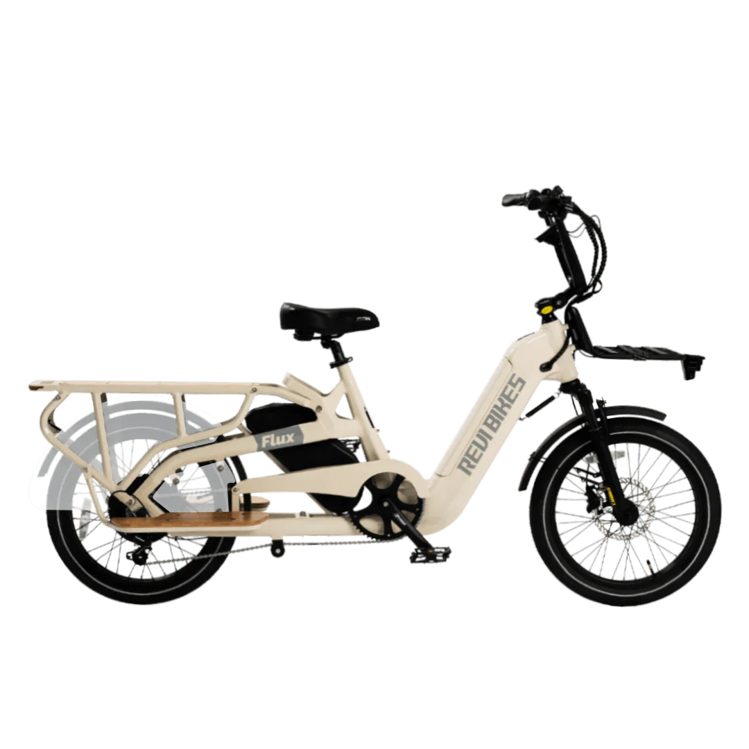 Cream-colored REVI Flux 750w Step Thru mini fat tire electric cargo eBike with 20x2.4 fat tires and 25AH battery, product image.