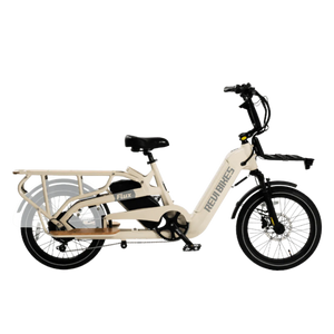 Cream-colored REVI Flux 750w Step Thru mini fat tire electric cargo eBike with 20x2.4 fat tires and 25AH battery, product image.