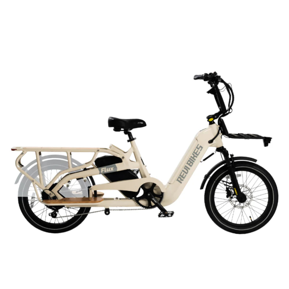 Cream-colored eBike Revi Flux electric bicycle, side view, against a plain background