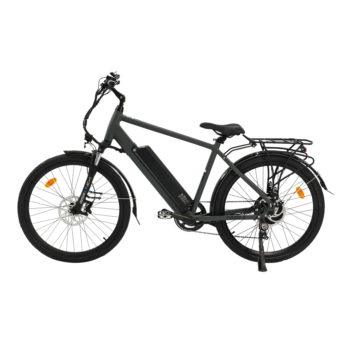 Electric bike Oasis.2 in anthracite color, side view, modern frame design, black wheels, and integrated battery.