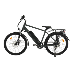 Electric bike Oasis.2 in anthracite color, side view, modern frame design, black wheels, and integrated battery.
