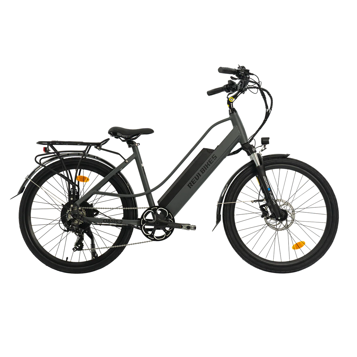 eBike Revi Oasis.2 ST electric bicycle in anthracite color, side view, against a plain background