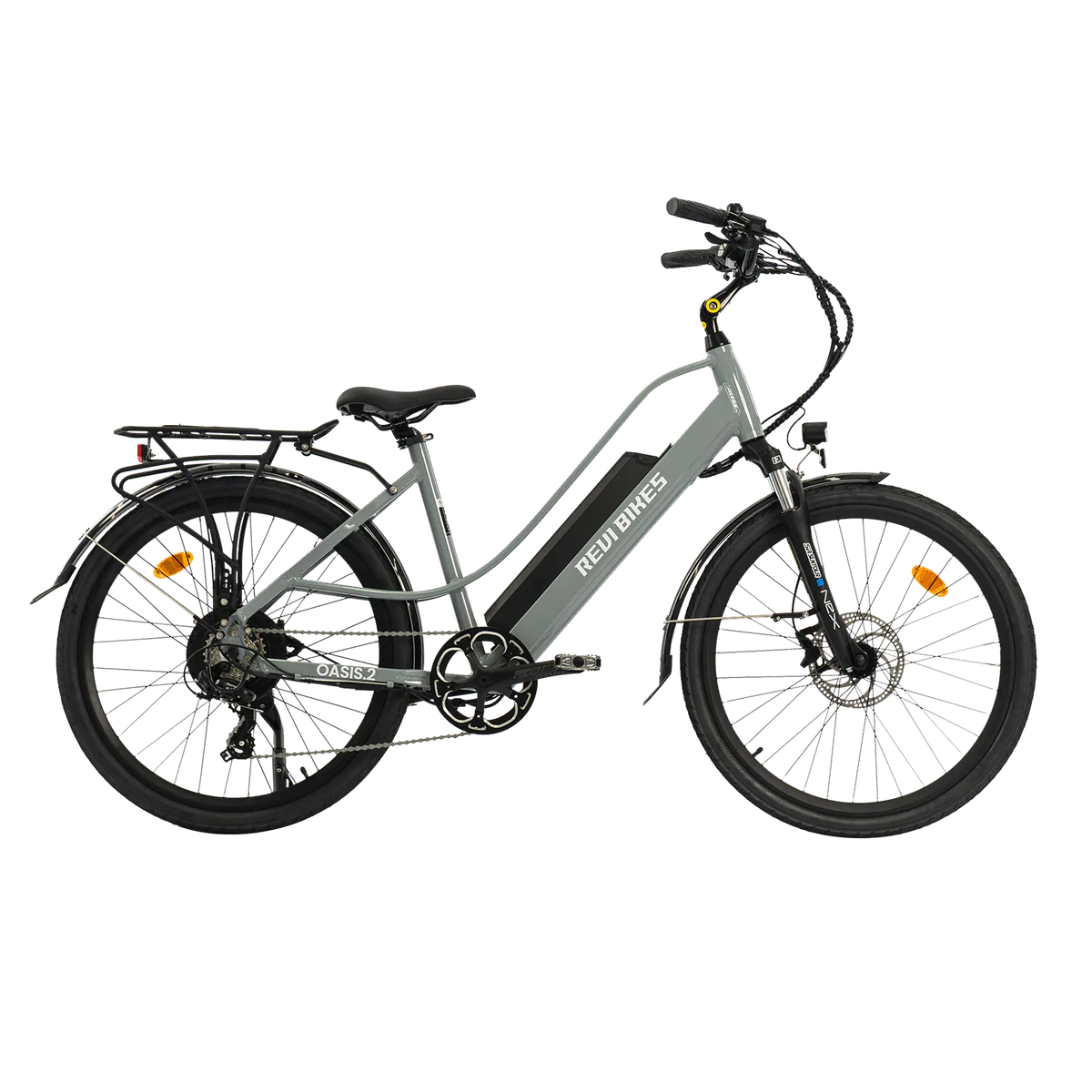 Gray eBike Revi Oasis.2 ST electric bicycle, side view, against a plain background