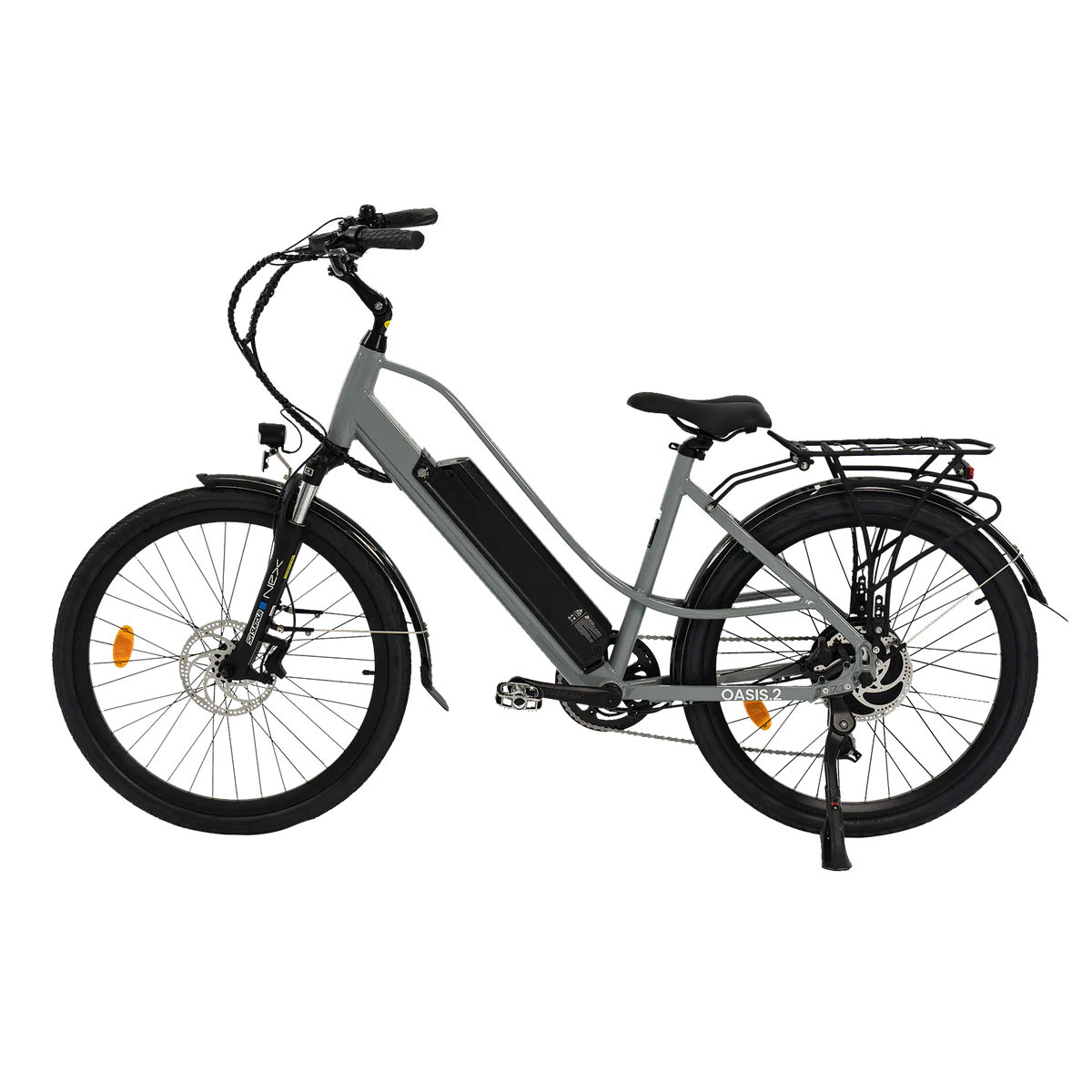 Gray eBike Revi Oasis.2 ST electric bicycle, side view, against a plain background