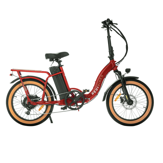 Red REVI Rebel 2 750w step-thru electric folding bike with 20x3 fat tires, shown in product image.