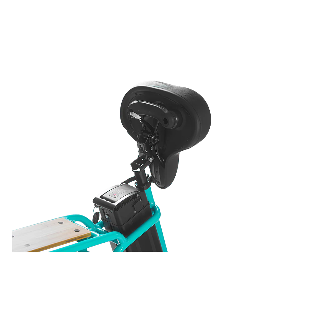 Turquoise Ebike Revi Rebel 2 electric bicycle, side view, showcasing frame design and battery placement