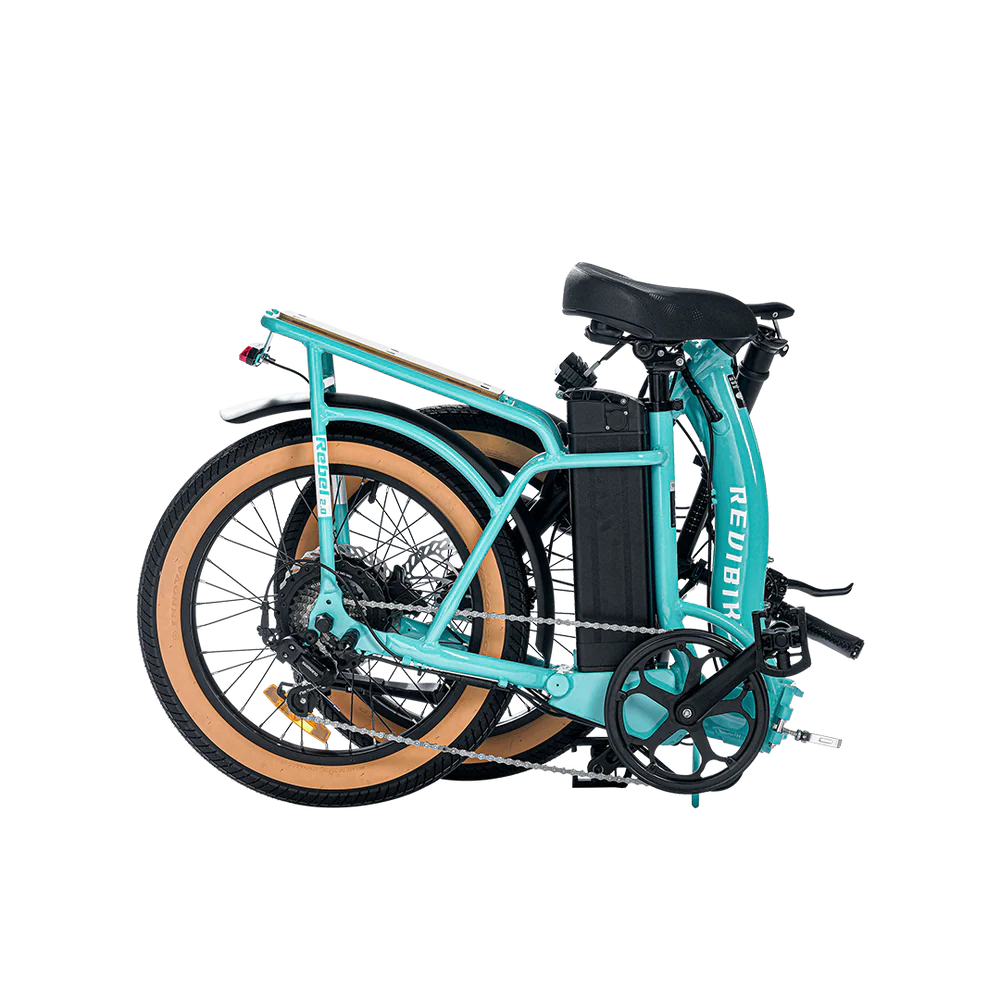 Turquoise E-Bike Revi Rebel 2, side view, fat tires, step-through frame, black seat, and handlebars