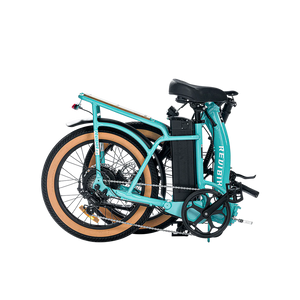 Turquoise E-Bike Revi Rebel 2, side view, fat tires, step-through frame, black seat, and handlebars
