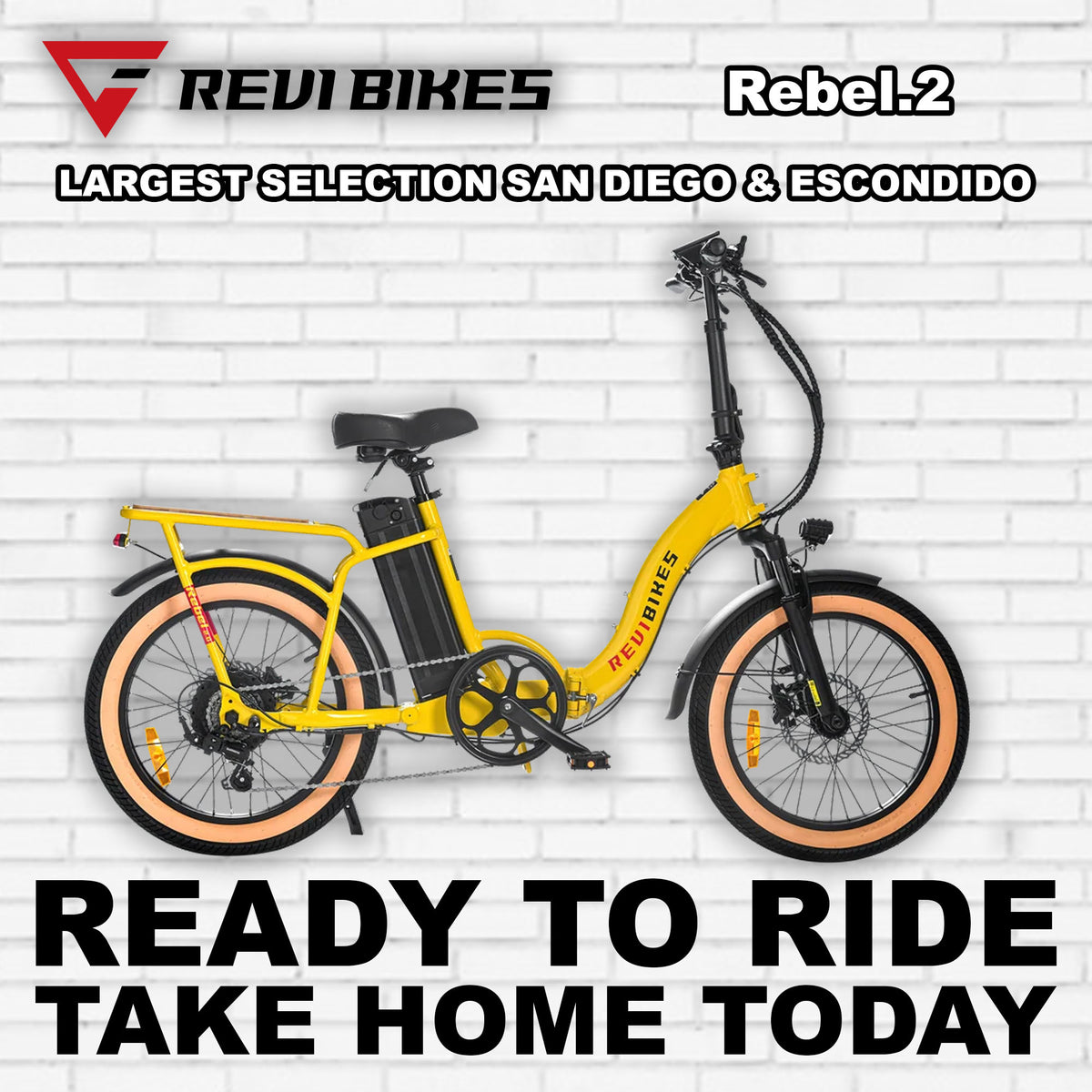 Yellow eBike Revi Rebel.2 R2R electric bicycle, side view, showcasing frame design and battery placement