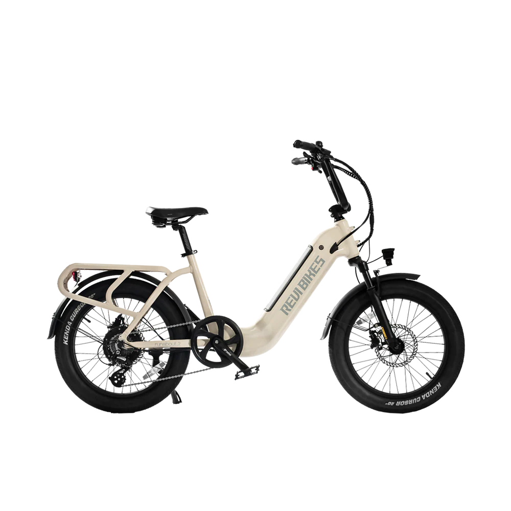 Cream-colored eBike Revi Runabout.2 electric bicycle, side view, against a plain background.