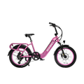 Pink eBike Revi Runabout.2 electric bicycle, side view, against a white background