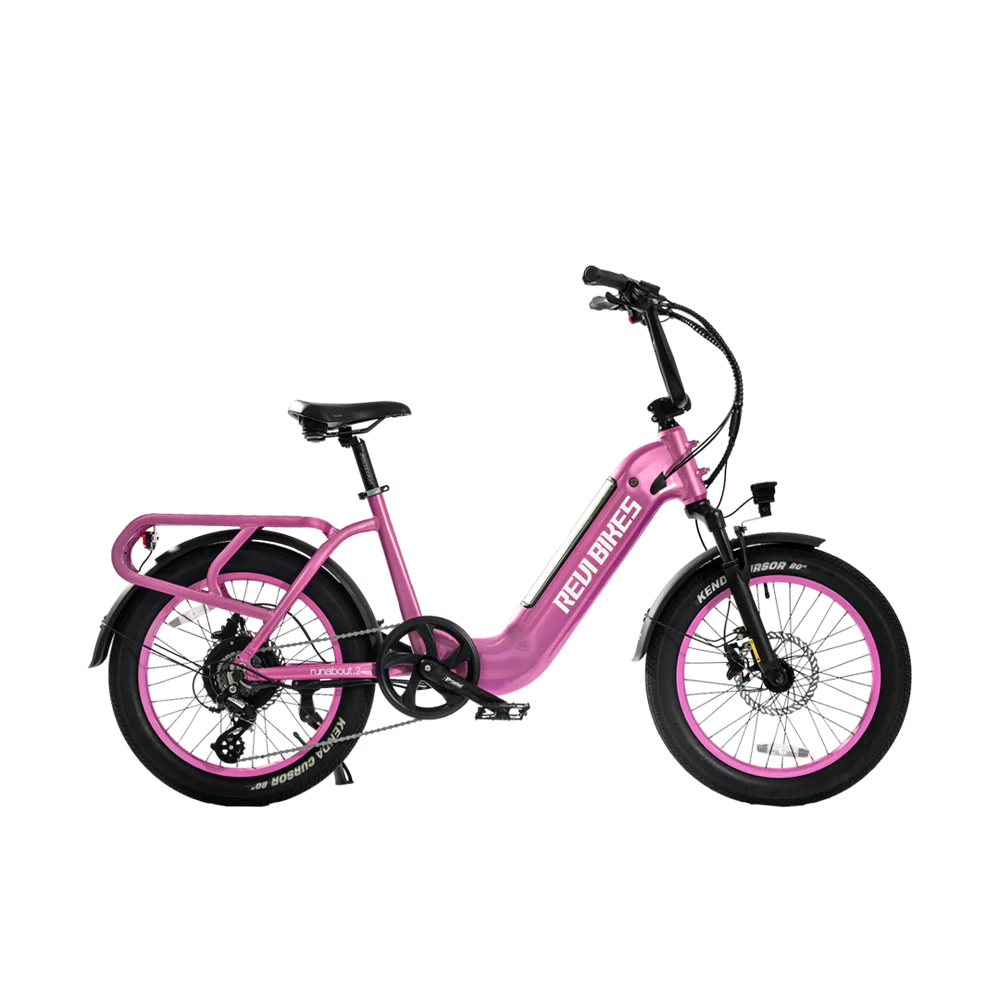 Pink eBike Revi Runabout.2 electric bicycle, side view, against a white background