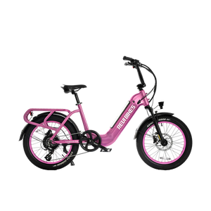 Pink eBike Revi Runabout.2 electric bicycle, side view, against a white background