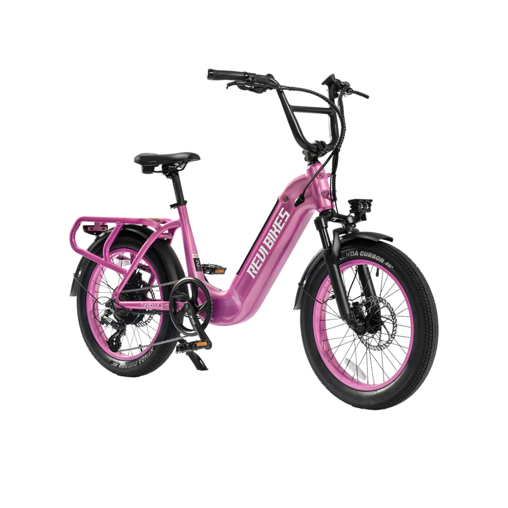 Pink eBike Revi Runabout.2 electric bicycle, side view, against a white background