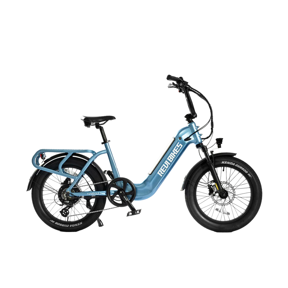 Water blue eBike Revi Runabout.2 electric bicycle side view against a white background