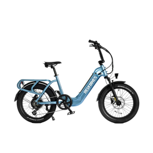 Water blue eBike Revi Runabout.2 electric bicycle side view against a white background