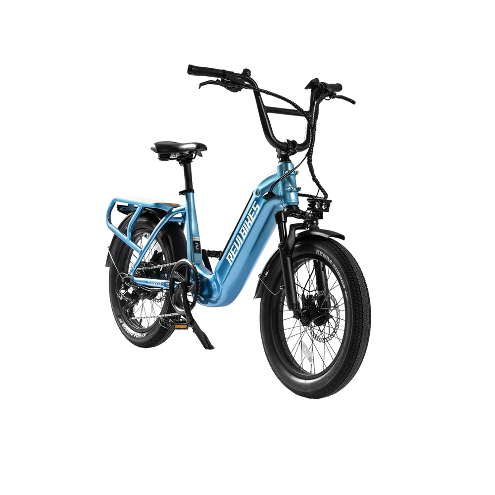 Water blue eBike Revi Runabout.2 electric bicycle side view with black tires and silver accents