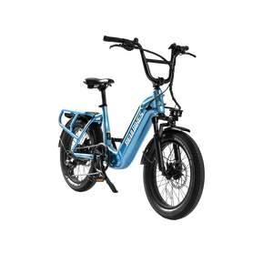 Water blue eBike Revi Runabout.2 electric bicycle side view with black tires and silver accents
