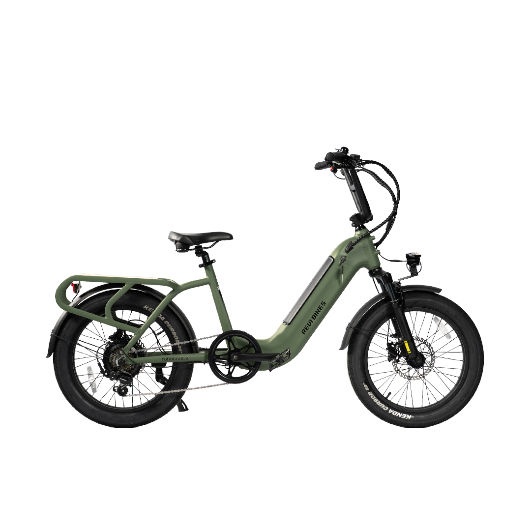 Wild Green eBike Revi Runabout.2 electric bicycle side view with black tires and sleek frame design