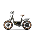 Olive green Segway Muxi eBike, side view, parked on a paved surface with a blurred outdoor background.