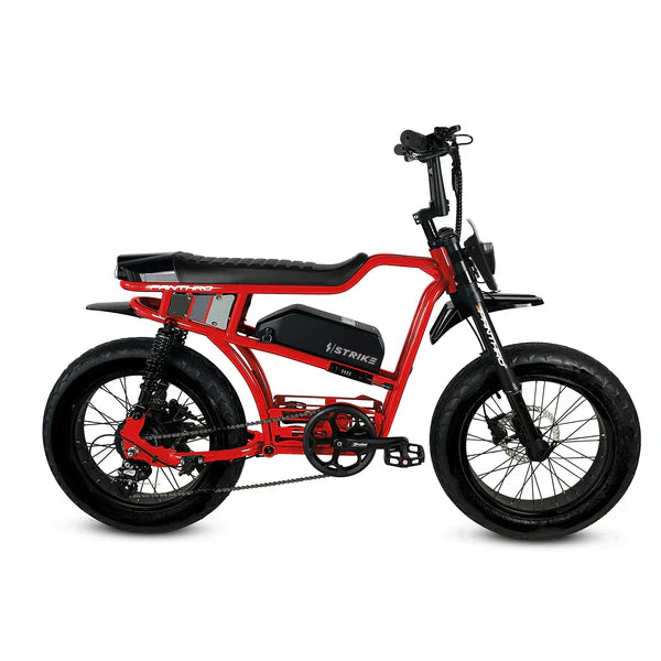 Red eBike Strike Panthro electric bicycle, side view, against a white background
