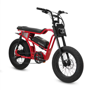 Red eBike Strike Panthro electric bicycle, side view, against a white background.