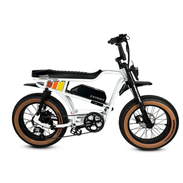 White eBike Strike Panthro electric bicycle, side view, on a plain background