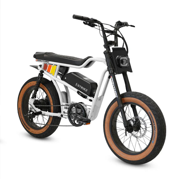 White eBike Strike Panthro electric bicycle, side view, on a plain background