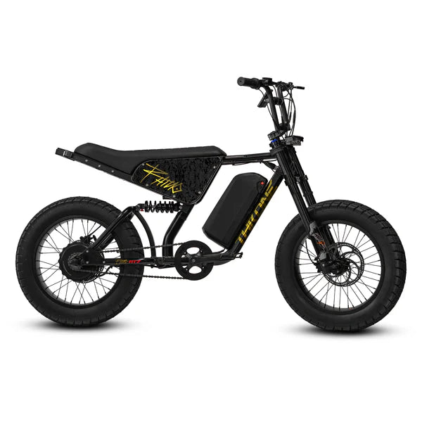 Black and gold eBike Strike Rhino AT7 electric bicycle, side view, on a white background