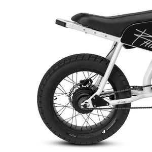 Electric mountain bike, eBike Strike Rhino, side view, black and red frame, thick tires, outdoor background