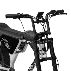 A black eBike Strike Rhino electric bicycle displayed from a side angle, showcasing its sturdy frame, thick tires, and integrated battery.