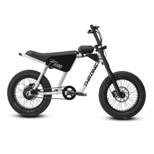 White eBike Strike Rhino model "Savage 1" side view, showcasing its sturdy frame, thick tires, and modern design against a plain background.
