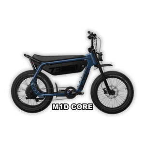 Super73 M1D Core eBike in Slate color, shown inside its original packaging box