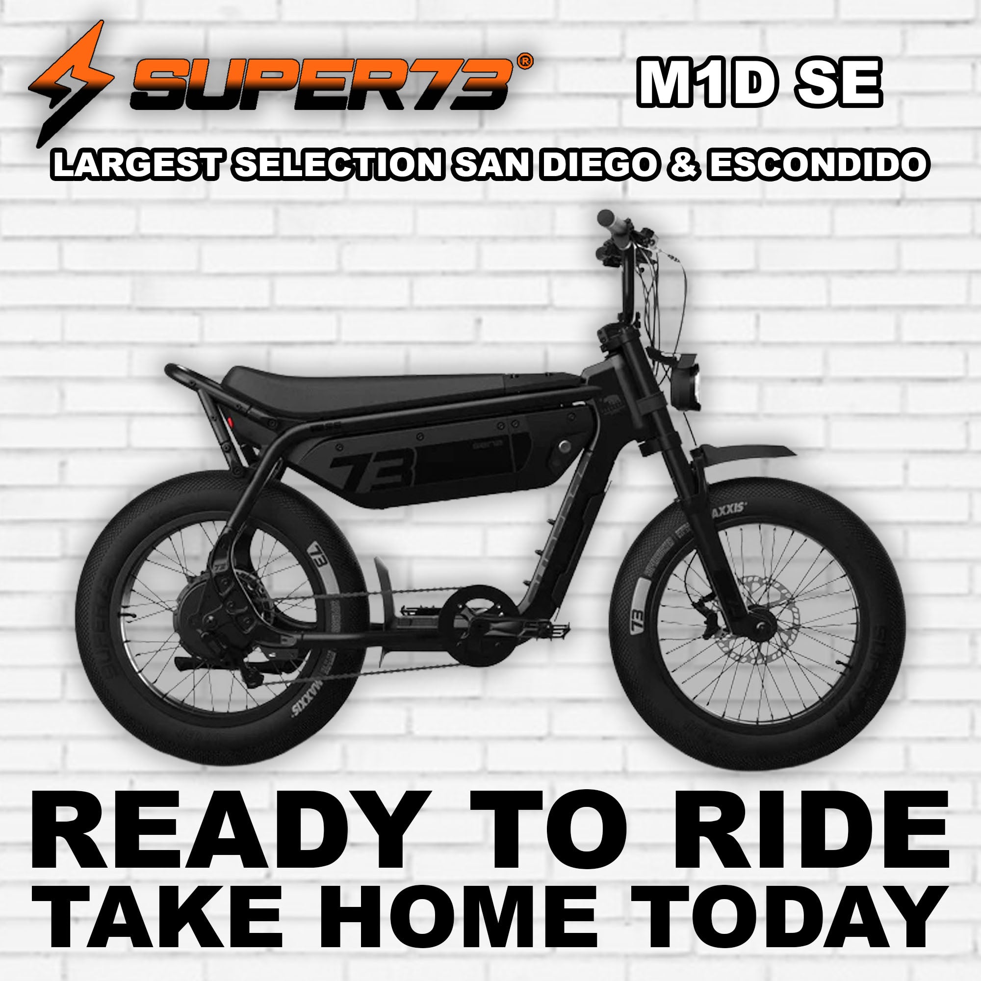 Super73 M1D SE electric bike in R2R Blackout color, side view, black frame with minimalist design, thick tires, and integrated battery.