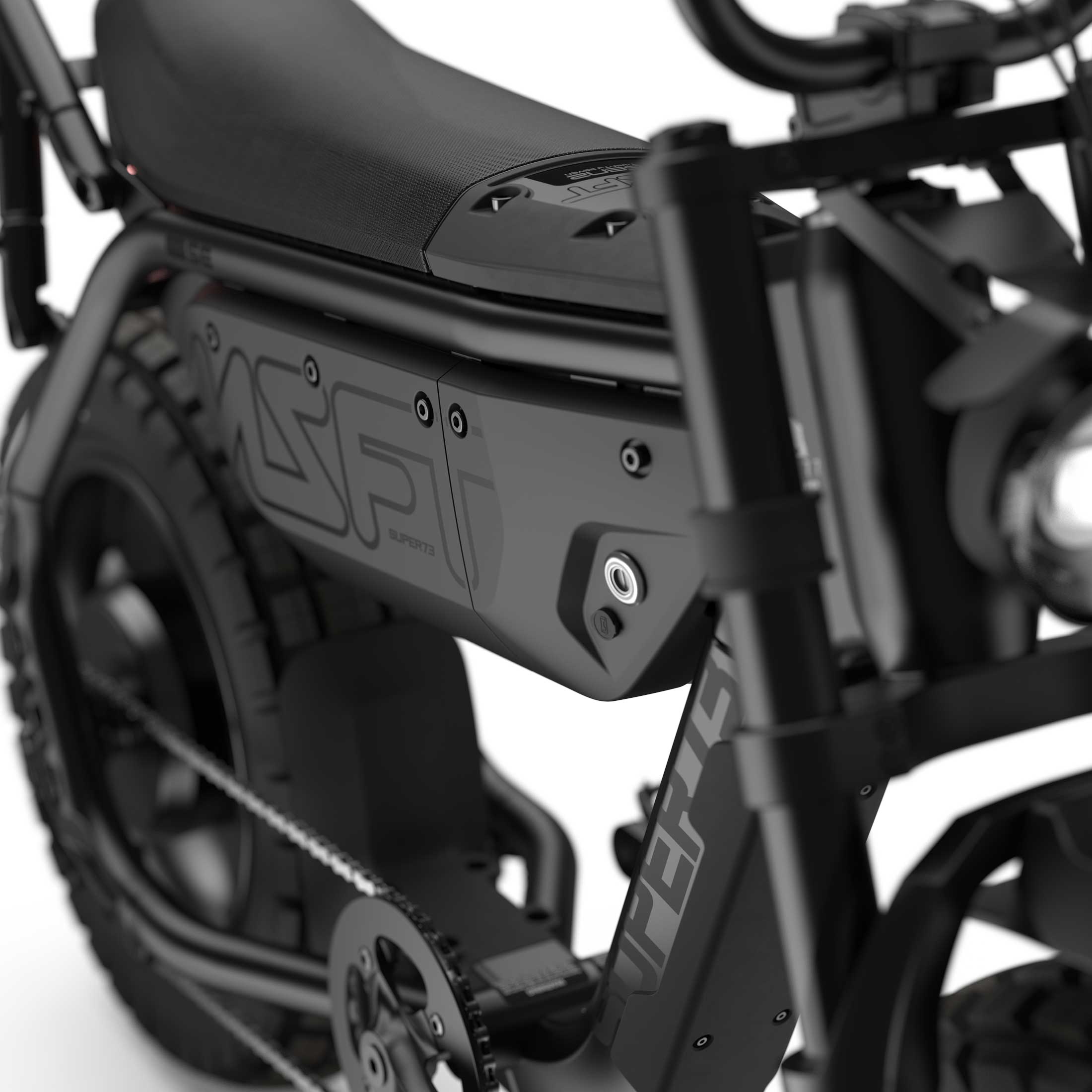 Side view of the Super73 MZFT SE eBike in Blackout color, showcasing its sleek frame, thick tires, and minimalist design against a plain background.