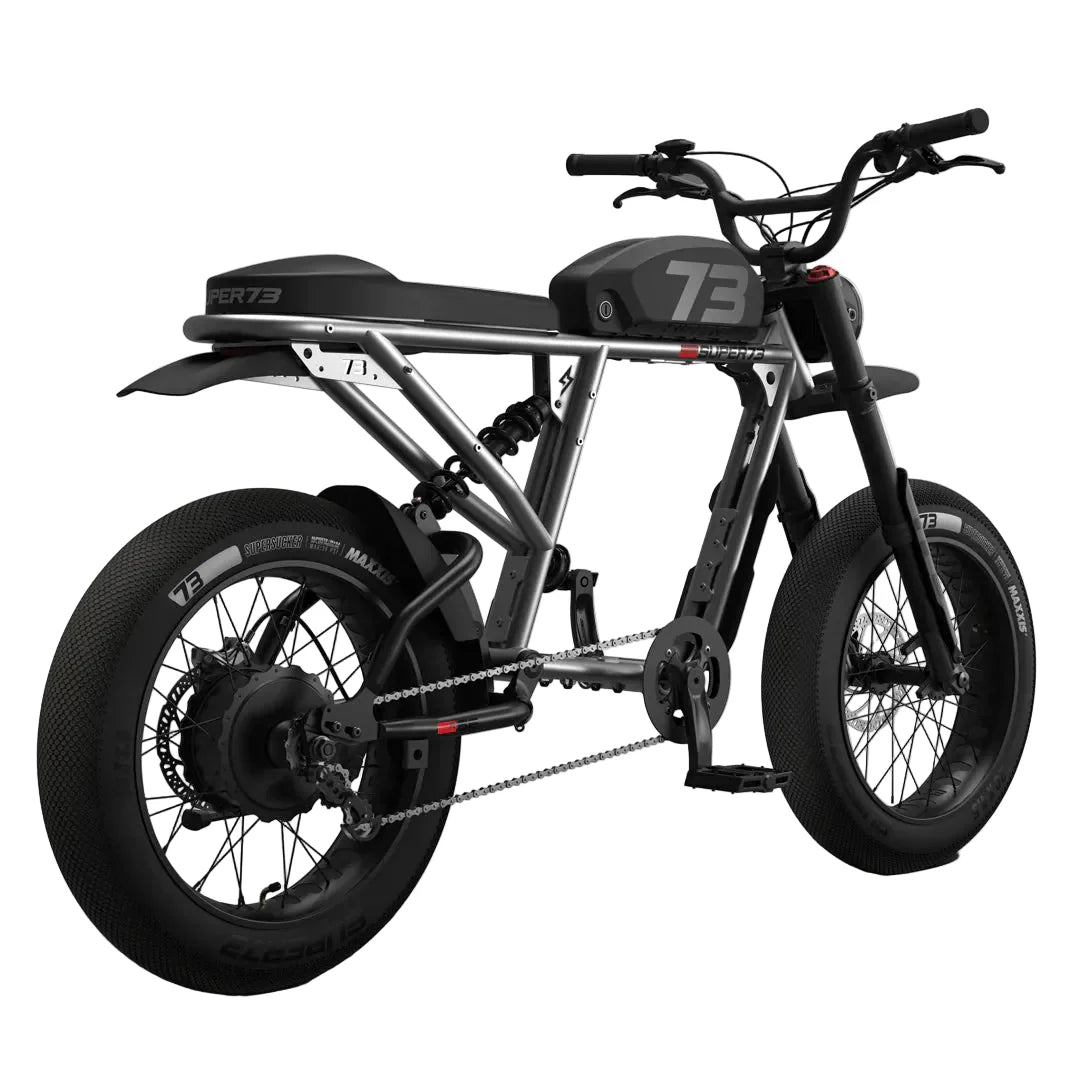 Super73 R Brooklyn SE electric bike in metallic aluminum finish, side view, displayed against a plain background
