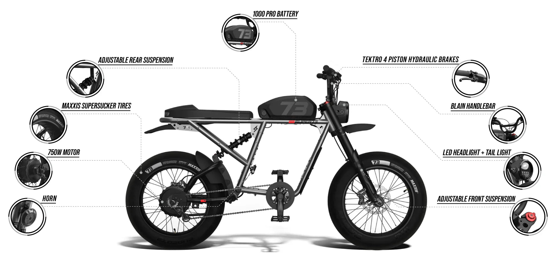 Super73 R Brooklyn SE electric bike in metallic aluminum finish, side view, isolated on white background