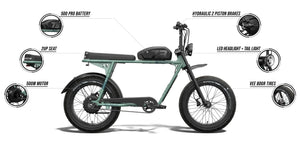 Side view of the Super73 S2 Laguna electric bike in a coastal setting, highlighting its sleek frame, wide tires, and modern design features.