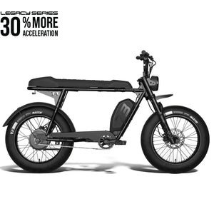 Side view of the Super73 S2 SE electric bike in black, featuring thick tires, a long seat, and a minimalist frame design.