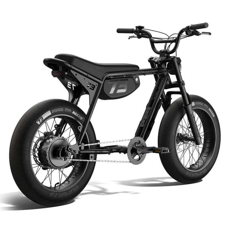 Side view of the Super73 ZX SE electric bike in Blackout color, showcasing its sleek frame, thick tires, and minimalist design against a plain background.