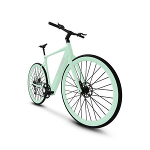 A black eBike SUPERHUMAN Photon with 18-inch wheels, featuring a sleek frame, front suspension, and integrated battery, displayed on a white background.