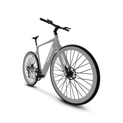 Electric bike SUPERHUMAN Photon 18-inch model, side view, black frame, thick tires, front suspension, and battery integrated into the downtube.