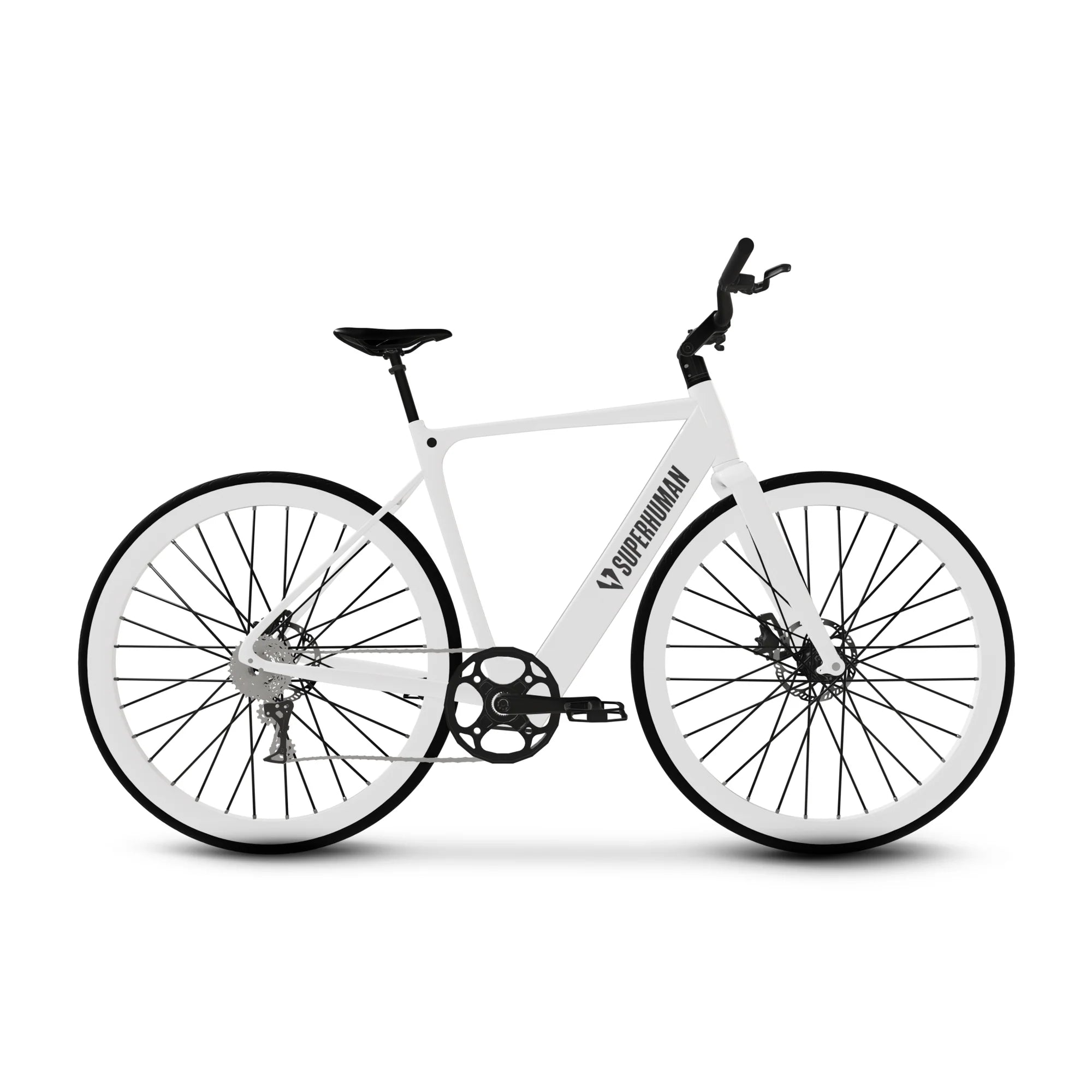 Electric bike, Superhuman Photon Pro model, in Arctic Glow color, side view, set against a white background, showcasing sleek frame and modern design.