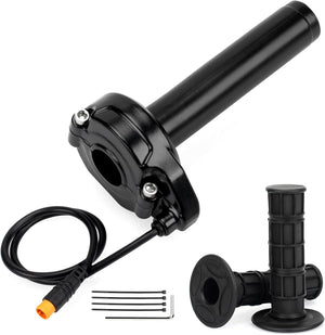 Product image of the Macfox full twist throttle upgrade for eBikes, showing the black ergonomic handle with integrated throttle mechanism and attached wiring.