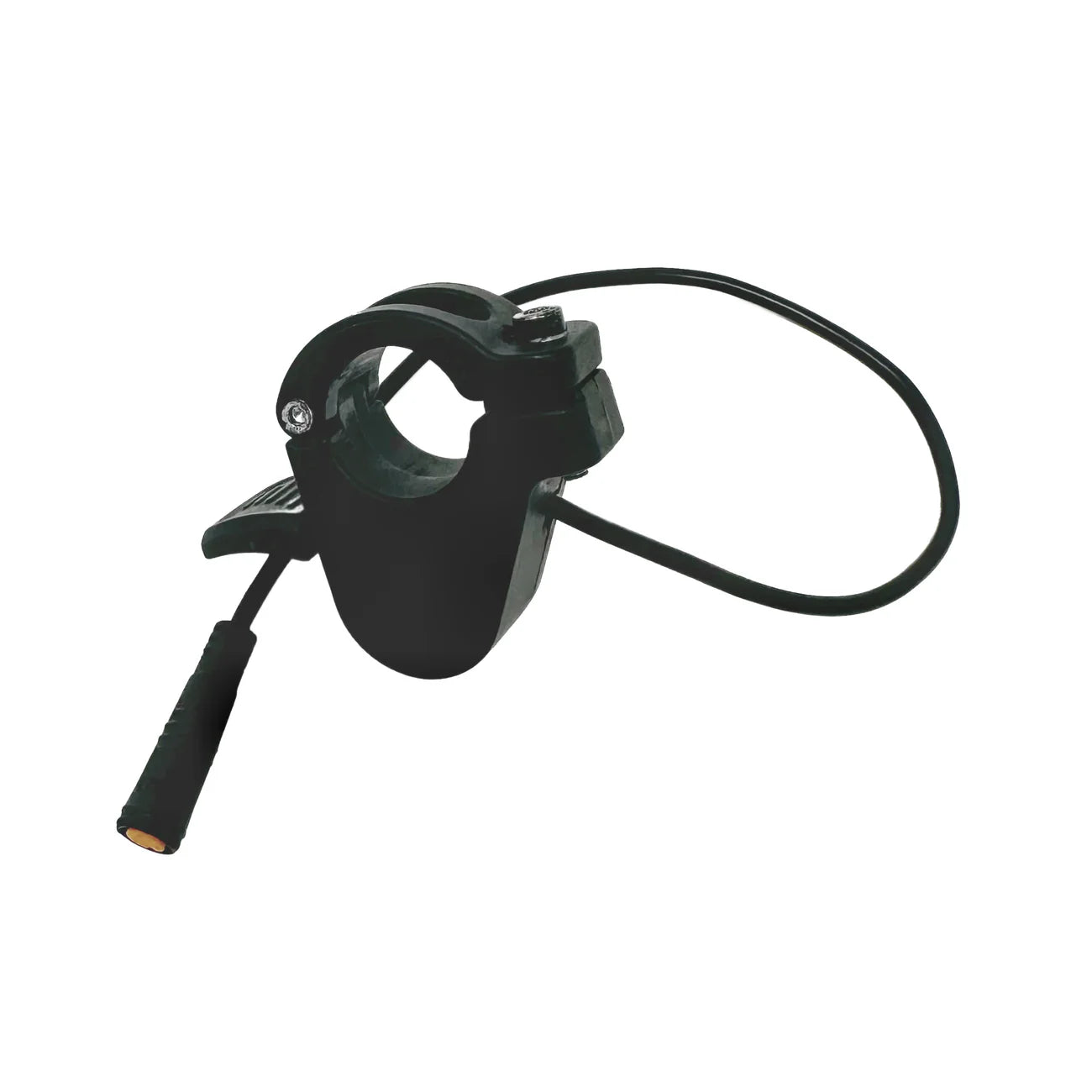 Close-up view of a Super73 eBike thumb throttle, showing the black ergonomic design attached to the handlebar.