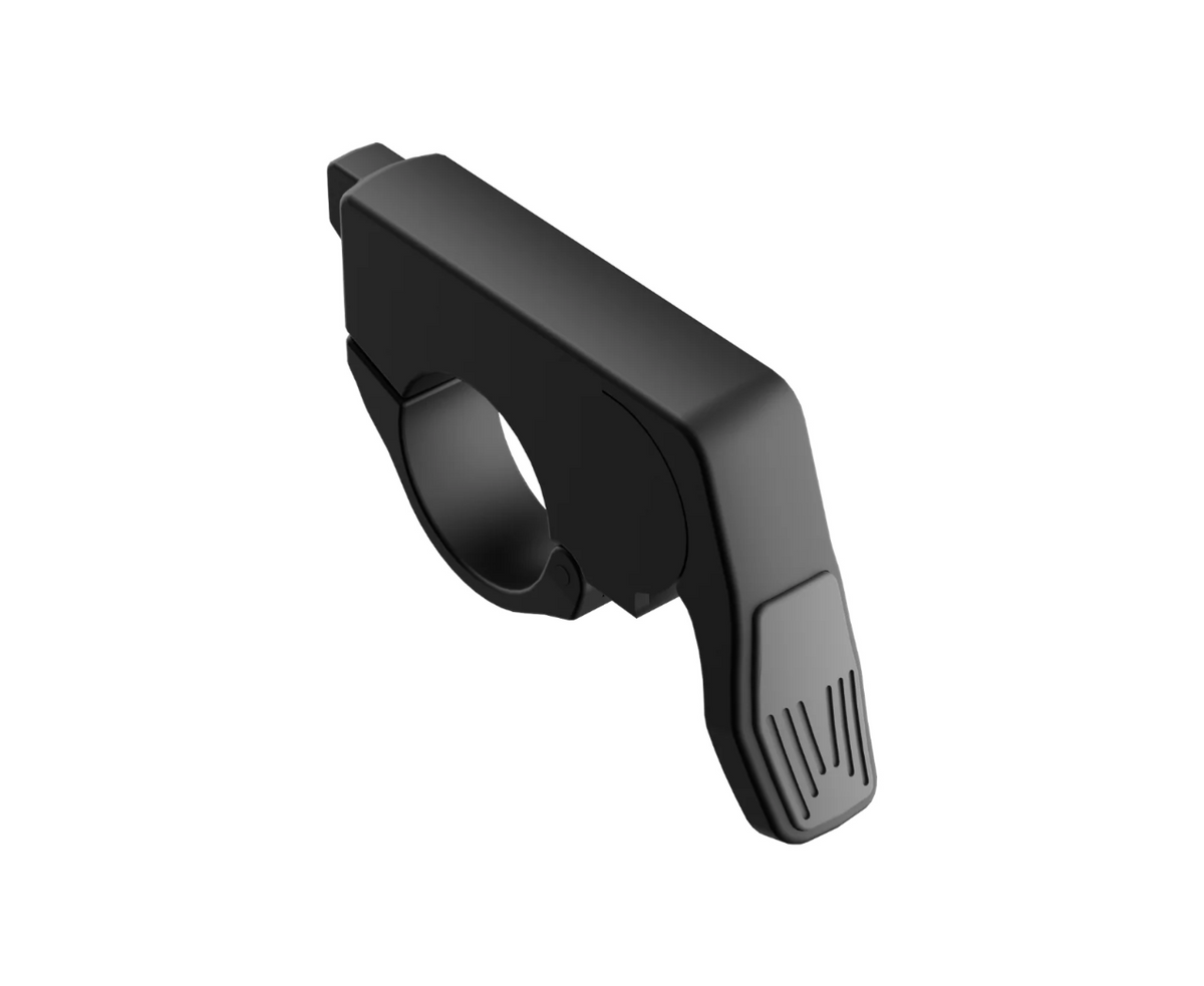 A close-up view of the Urtopia Fold ST eBike thumb throttle attached to the handlebar.